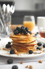 Healthy Protein Banana + Blueberry Pancakes